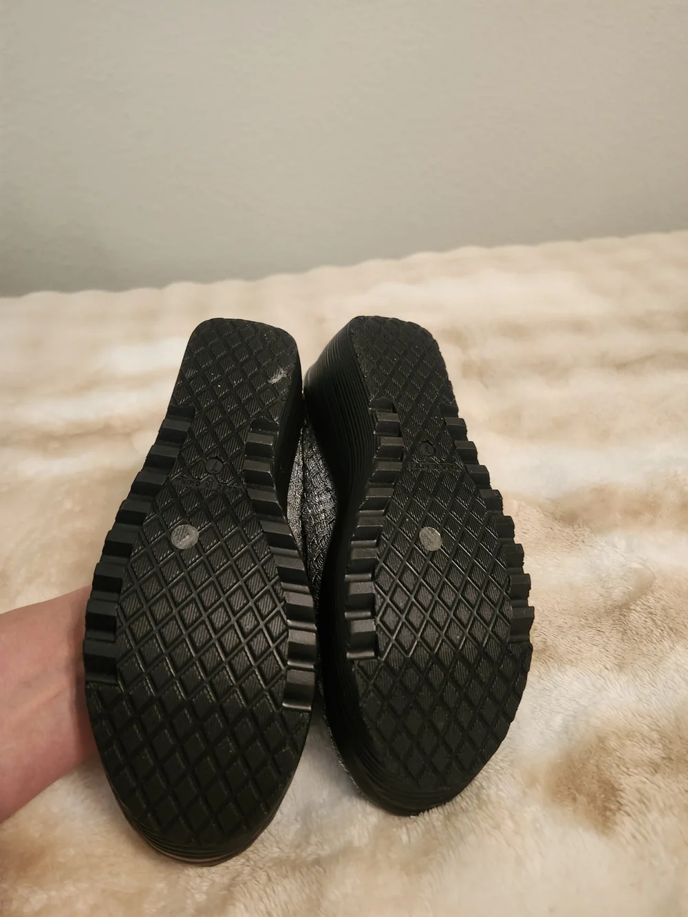 Woven Mary Jane Wedge Shoe in Gray Silver and Black